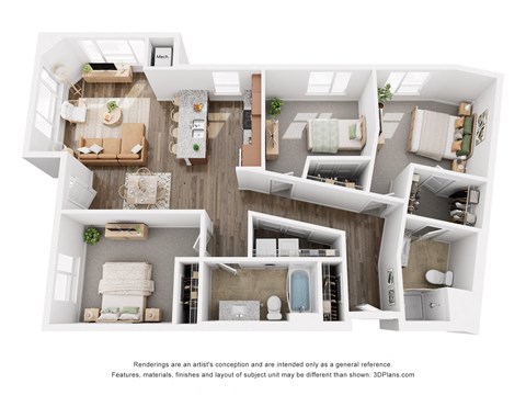 Floor plan for 3 beds, 2 baths, 1318 sqft